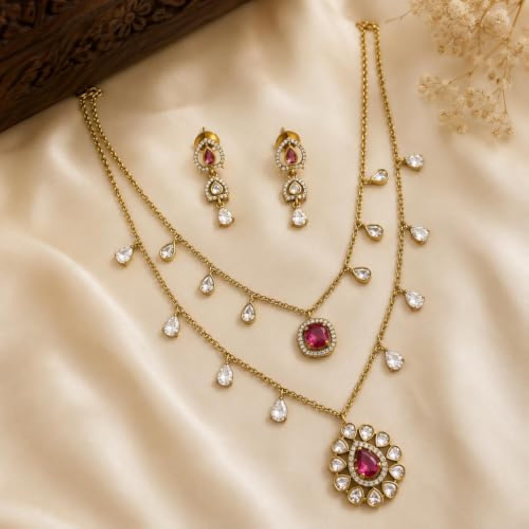 Gold Plated Ruby Pink Layered Necklace Set for Women